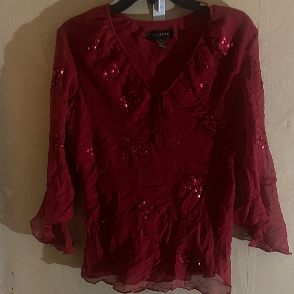 SilkLand Deep Red Sequin Blouse